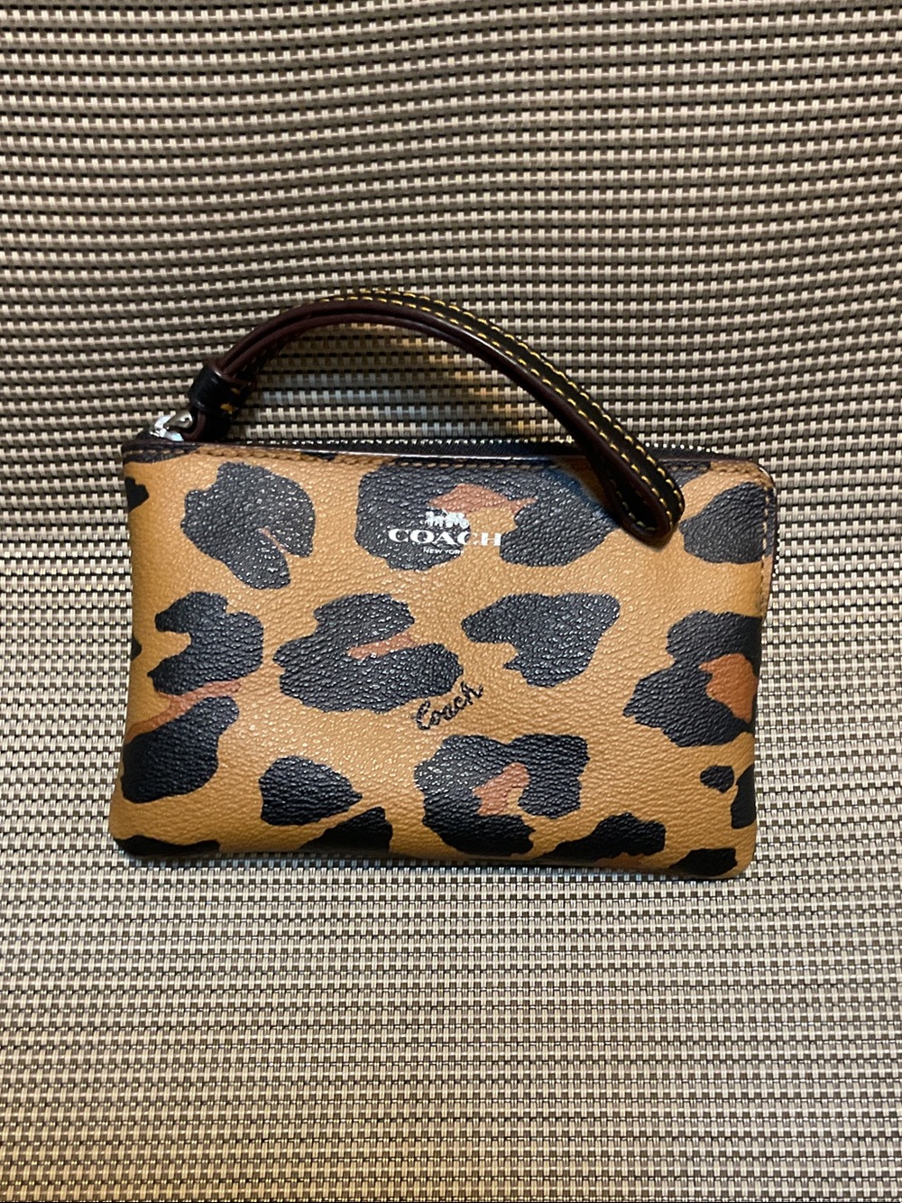 Coach Leopard Print Leather Wristlet in Tan and Black
